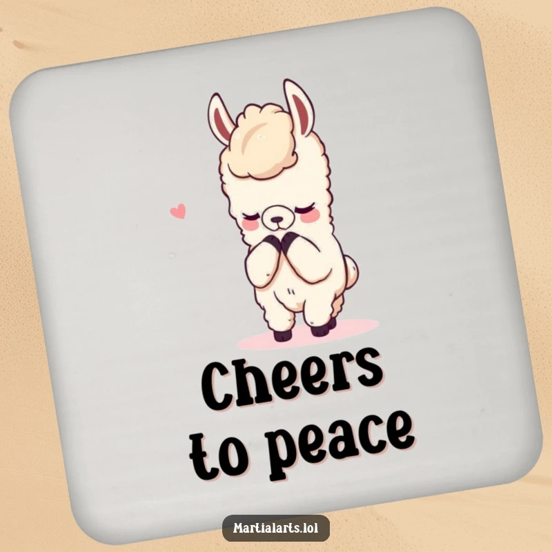 Funny drink coasters with a content llama bowing respectfully after a mock fight, adding comical flair.