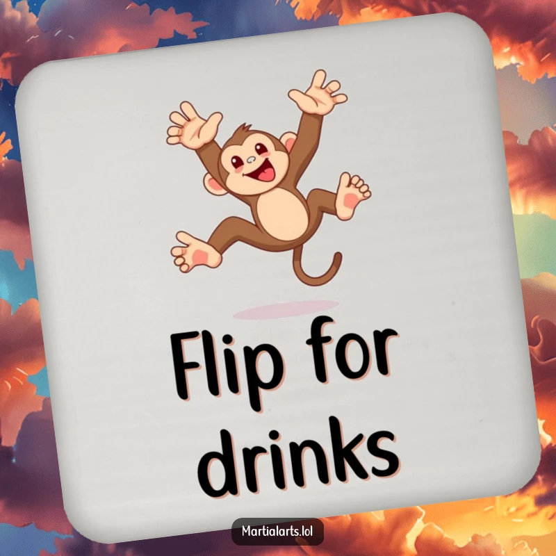 Funny monkey flip drink coaster, a mischievous monkey mid-acrobatic flip, protecting surfaces with jungle charm and a funny, playful design.