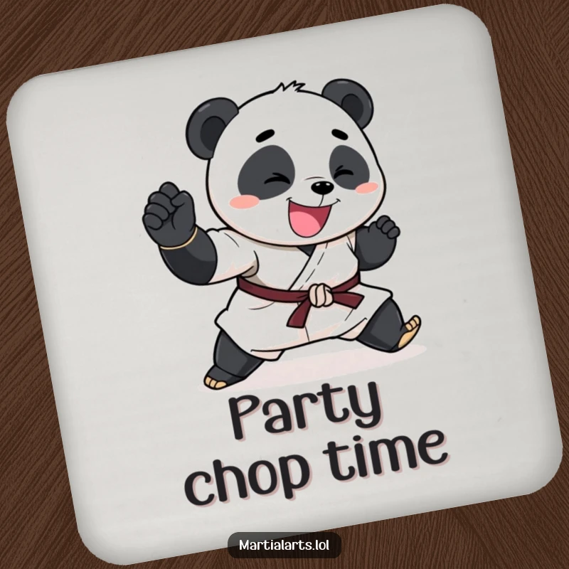Funny Panda Coaster featuring a happy panda performing an exaggerated karate chop, protecting surfaces with humor.