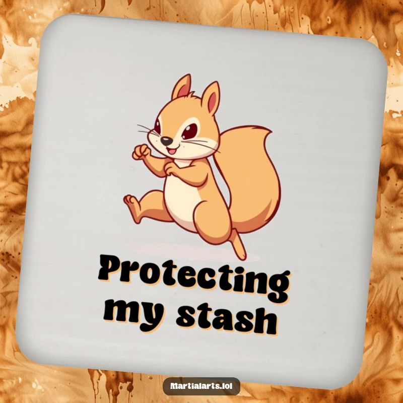 Funny Squirrel Coaster: A determined squirrel practicing a swift, agile martial arts move, protecting surfaces with humor.
