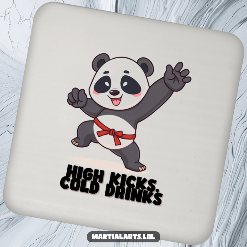 Funny drink coaster with a happy panda in a martial arts stance, protecting surfaces with a humorous, action-packed design.