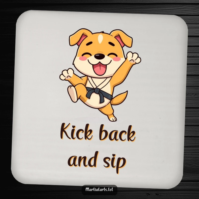 Funny Dog Coaster with a happy dog enthusiastically kicking its legs in a karate stance, offering humorous surface protection.