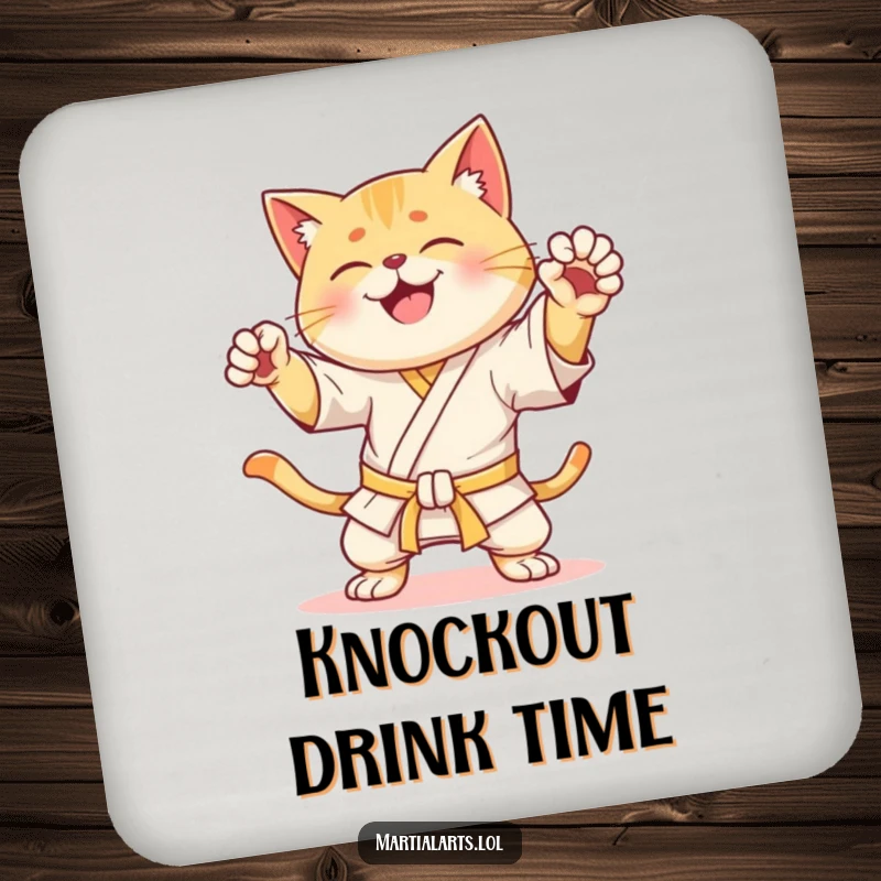 Funny Drink Coaster: A happy cat striking a dynamic karate pose, adding humorous martial arts flair to drink service.