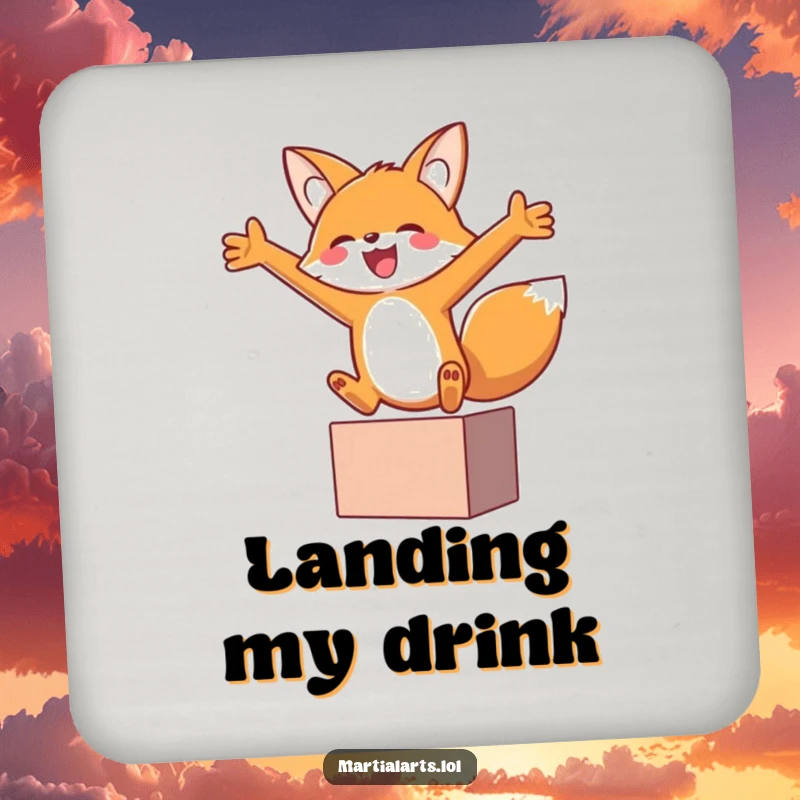 Funny fox in a joyful leap with arms out in a block, featured on a set of drink coasters.