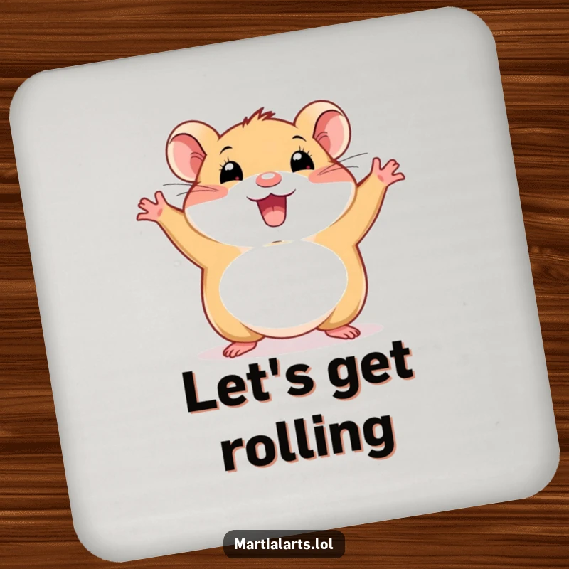 Funny hamster coaster with a happy animal in a wide, energetic stance, protecting surfaces with cheerful vibes.