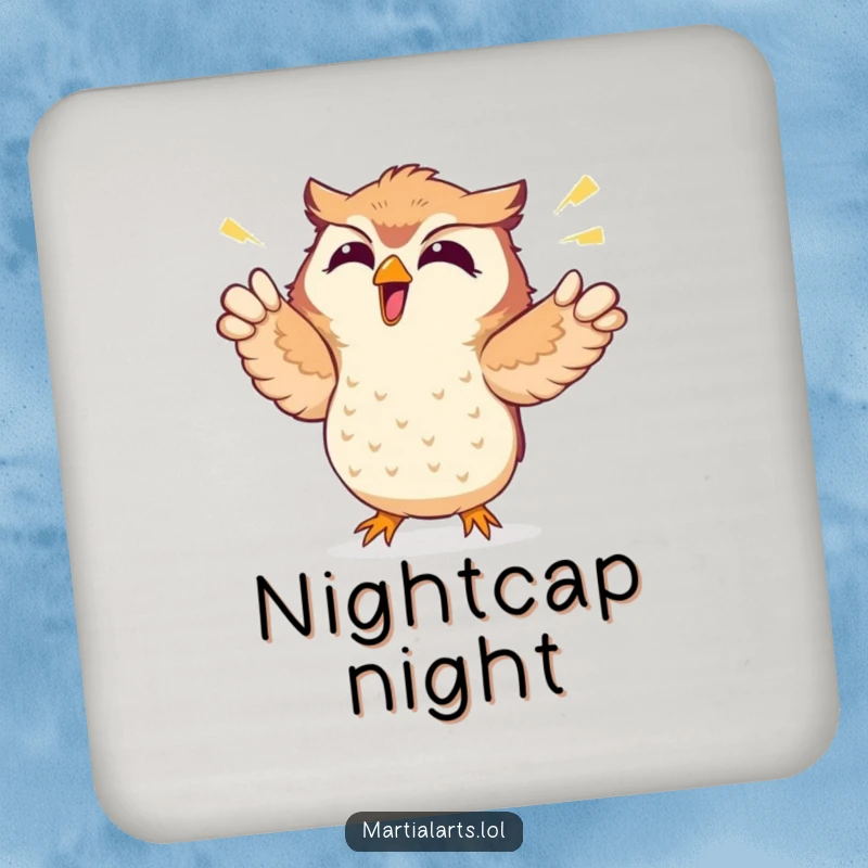 Funny drink coasters with a giggling owl energetically punching the air, adding comical flair to your table.