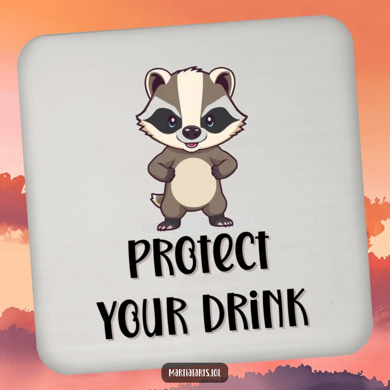 Funny brave badger coasters featuring a badger in a strong defensive posture, protecting drinks.