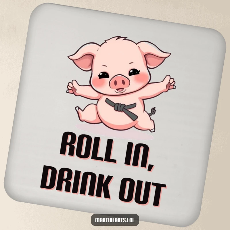 Funny Piglet Martial Arts Drink Coaster with a playful piglet doing fighting poses, adding humorous flair to tabletops.