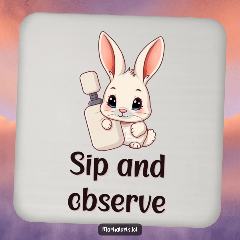 Funny Rabbit Coaster: A curious rabbit peeking from behind a training dummy, protecting surfaces with humor.