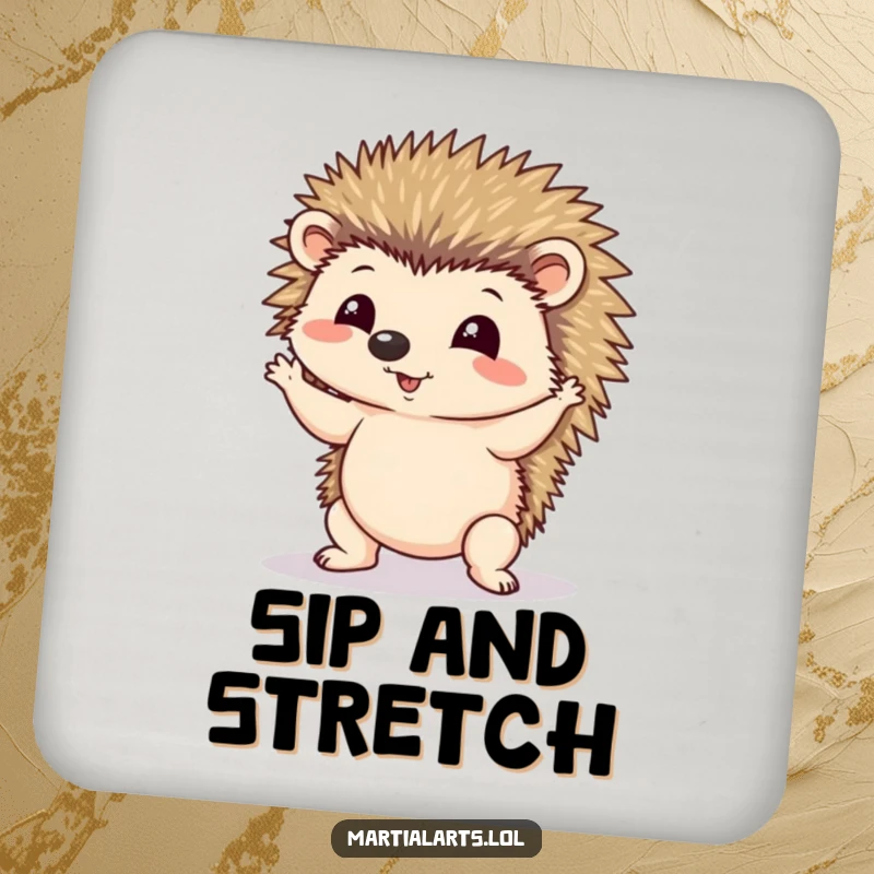 Funny drink coasters showing a hedgehog hilariously wobbling in a yoga pose, adding comical flair.