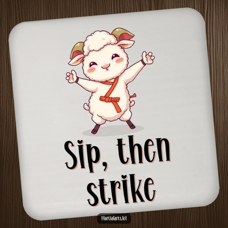 Funny sheep coaster featuring a giggling sheep attempting a wobbly martial arts move, adding humor and protection.