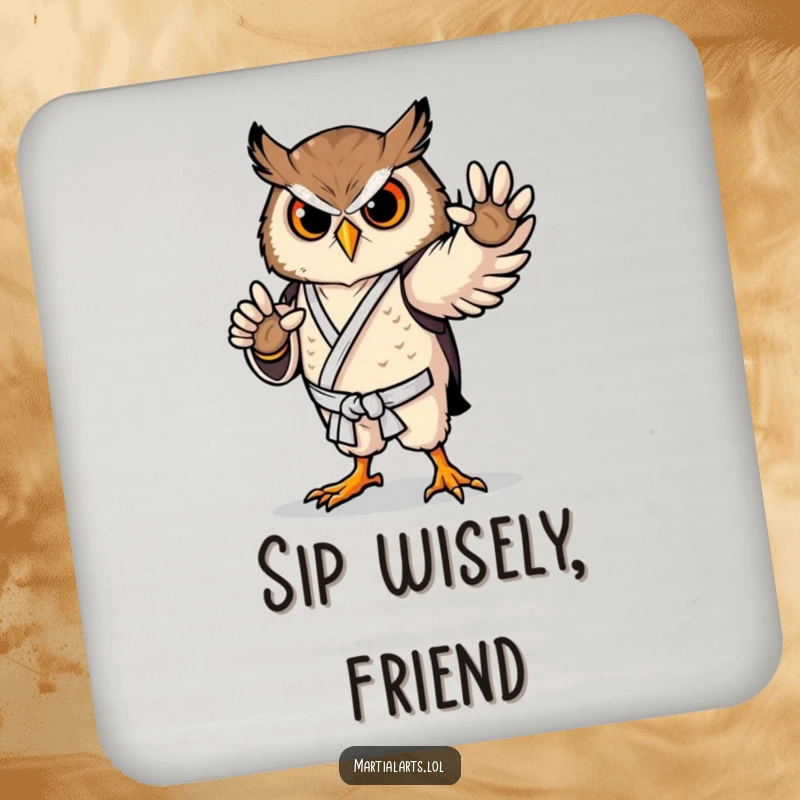 Funny owl karate coaster with a proud bird in a graceful pose, protecting surfaces with martial arts charm.