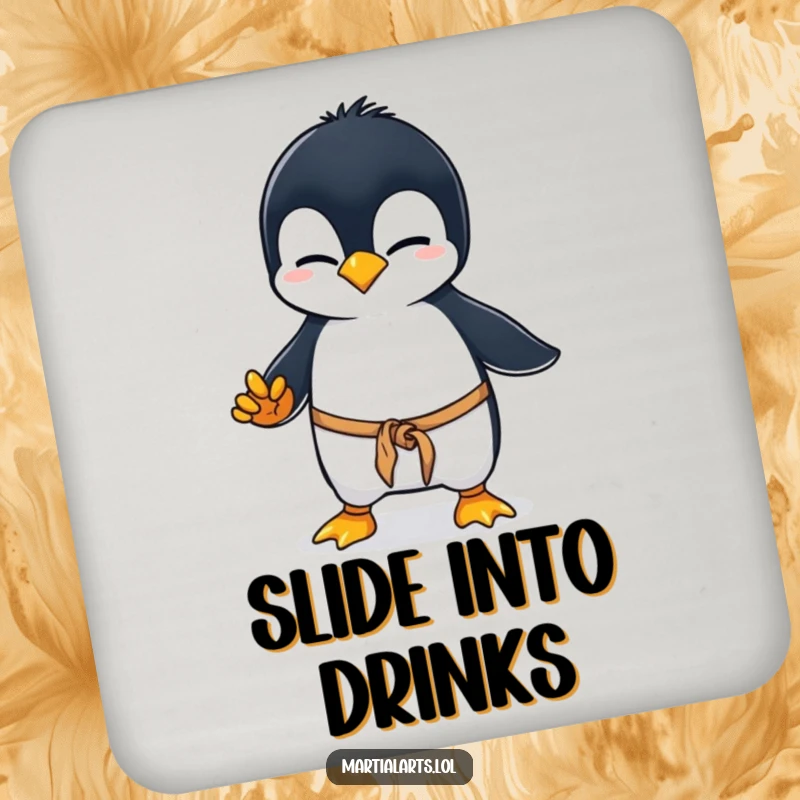 Funny penguin karate drink coaster, a curious penguin wobbling in a clumsy martial arts stance, protecting surfaces with adorable Antarctic humor.
