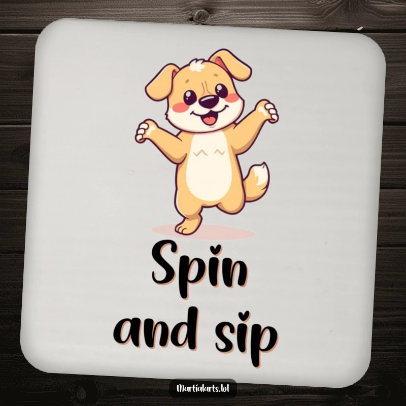 Funny dancing dog coasters featuring a dog doing an energetic spin, adding fun to drinks.