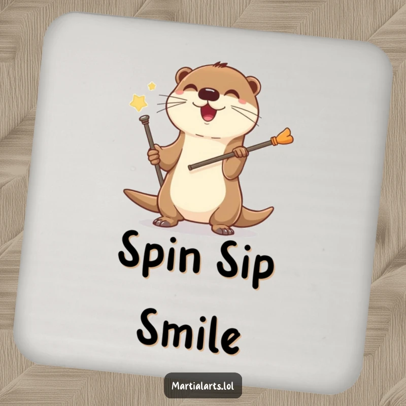 Funny Otter Staff Drink Coaster with a joyful otter spinning a staff, adding humorous flair to tabletops.
