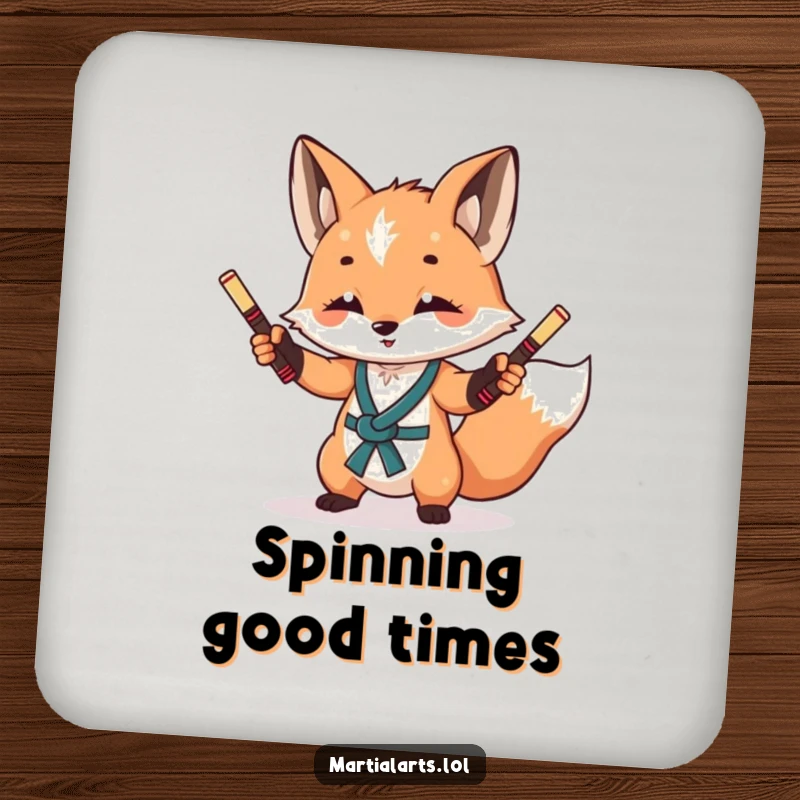 Funny Fox Nunchuck Coaster: A curious fox juggling miniature nunchucks, protecting surfaces with sly humor.