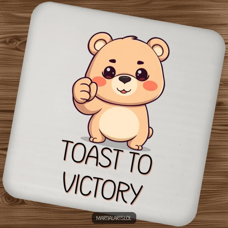 Funny happy bear forming a determined fist, ready to protect your drinks on these coasters.