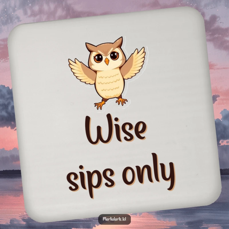 Funny Owl Coaster: A playful owl balancing in a martial arts stance, protecting surfaces with wise humor.