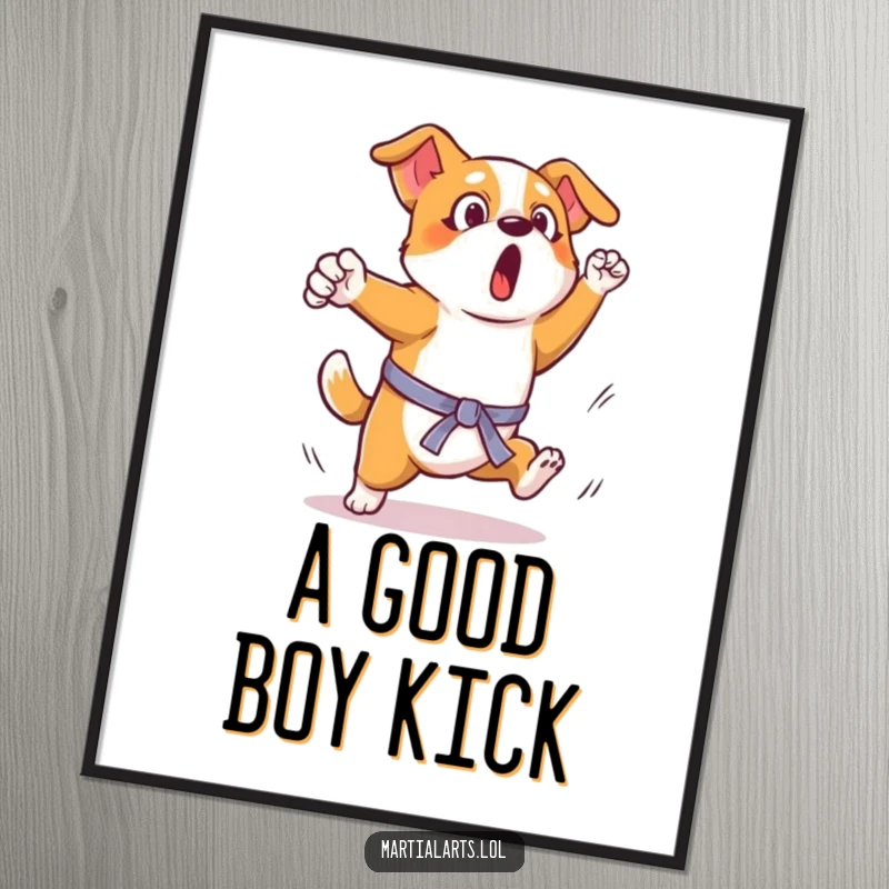 Funny Dog Kick Poster: A surprised dog captured mid-air while attempting a clumsy, funny martial arts kick.