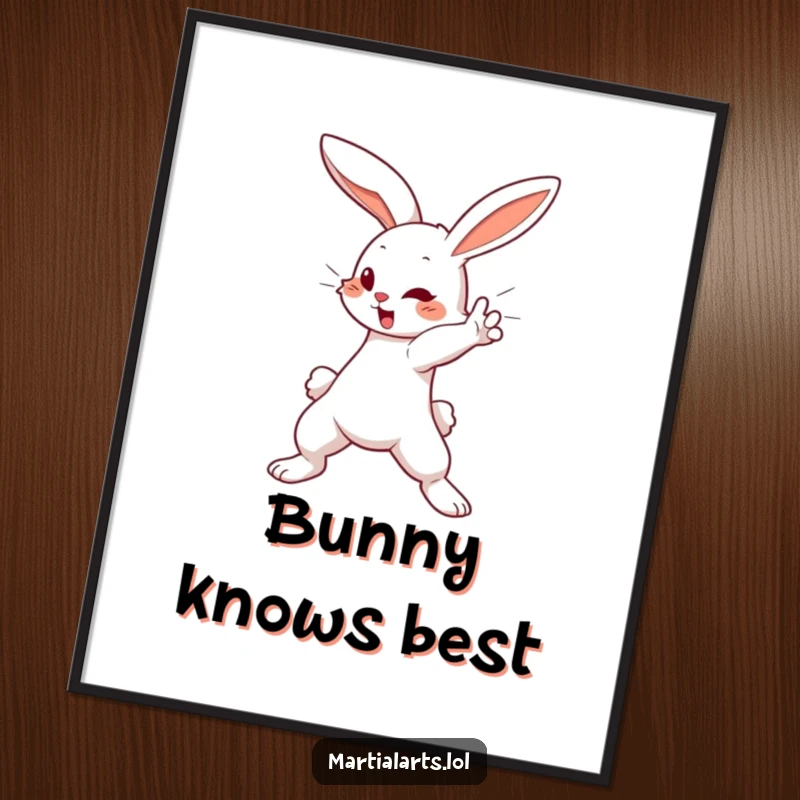 Funny Poster: A cute bunny in the midst of a swift blocking motion, radiating humorous alertness and protective charm.
