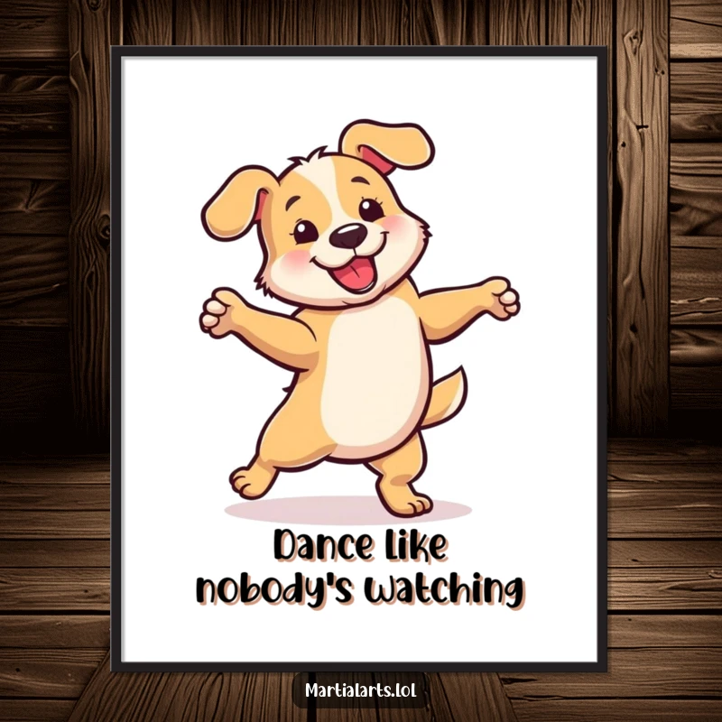 Funny poster of a dog in a dynamic, playful spin, creating a humorous and energetic visual for any room.