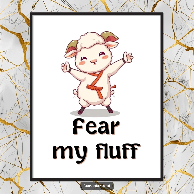 Funny sheep poster displaying a giggling sheep attempting a wobbly martial arts move, adding playful humor to walls.