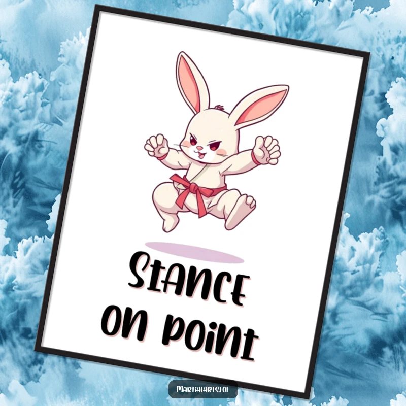 Funny bouncing bunny in dynamic martial arts pose, ready to strike, humorous funny wall art, perfect gift.