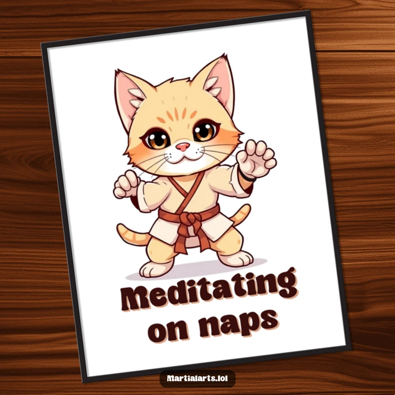 Funny curious kitten in a martial arts pose on a poster, empowering wall art featuring a disciplined feline.