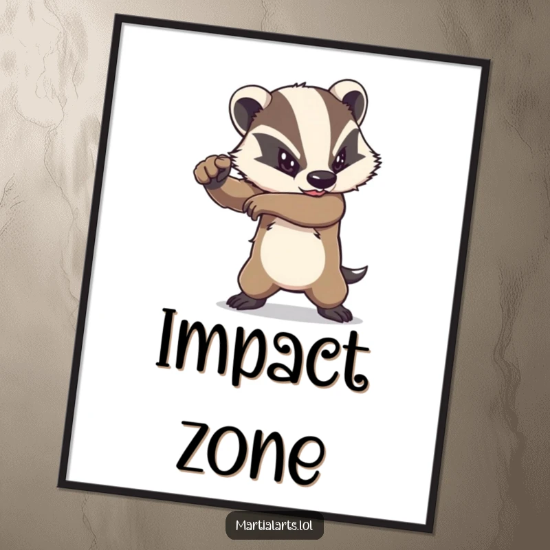 Funny badger elbow strike poster showing a determined animal delivering a powerful strike, ideal for action-packed decor.