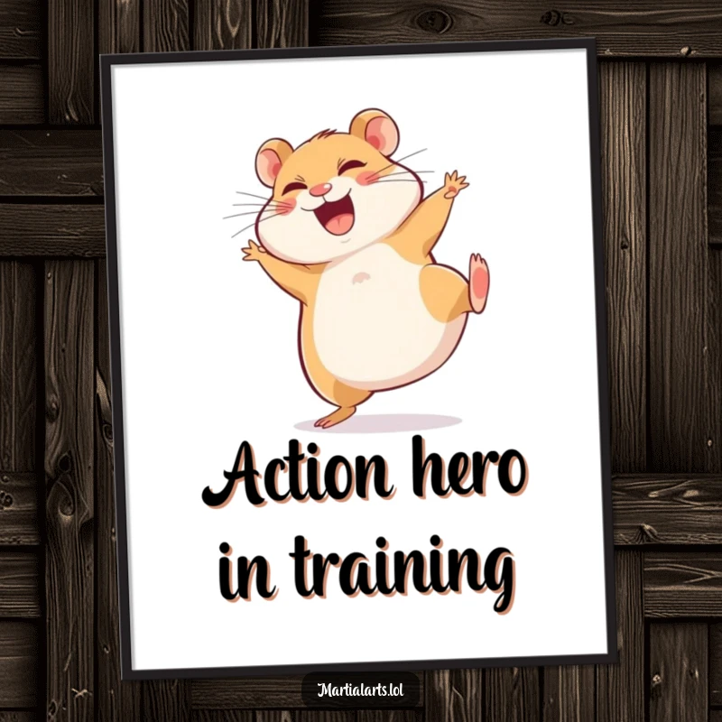 Funny Poster: A joyful, giggling hamster is captured mid-spin, attempting a funny side kick with great gusto.