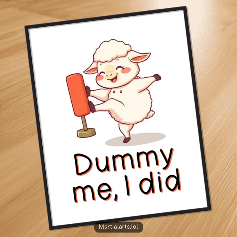 Funny poster art of a giggling sheep executing a triumphant kick on a training dummy, bursting with humorous energy.