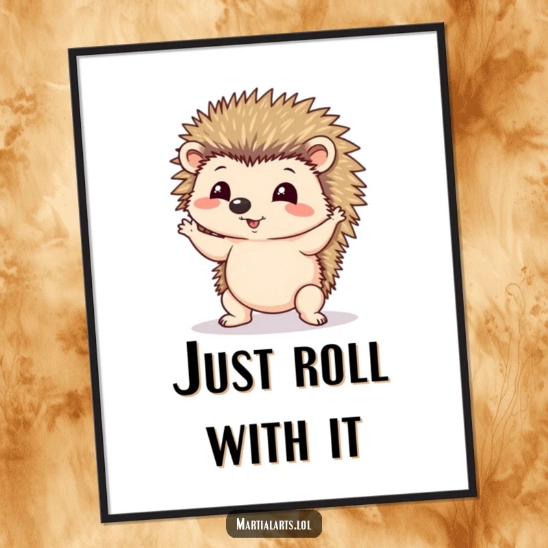 Funny poster illustrating a determined hedgehog wobbling mid-yoga pose, capturing a moment of comical effort.