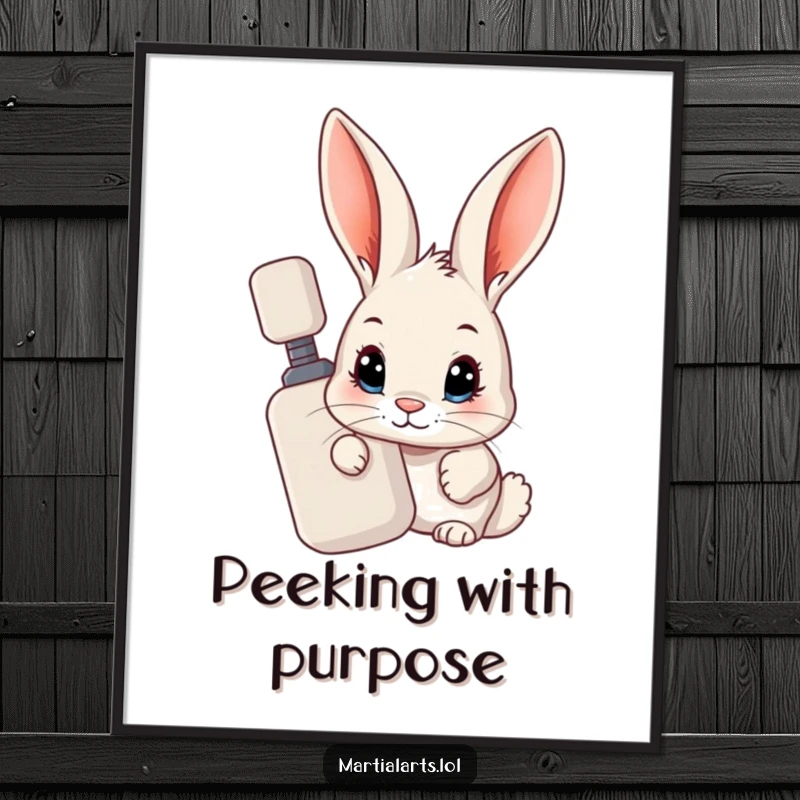 Funny Rabbit Poster: A curious rabbit peeking from behind a training dummy, adding playful and humorous charm to wall art.