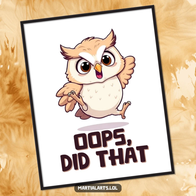 Funny startled owl poster showing an owl tumbling in a funny, startled pose.