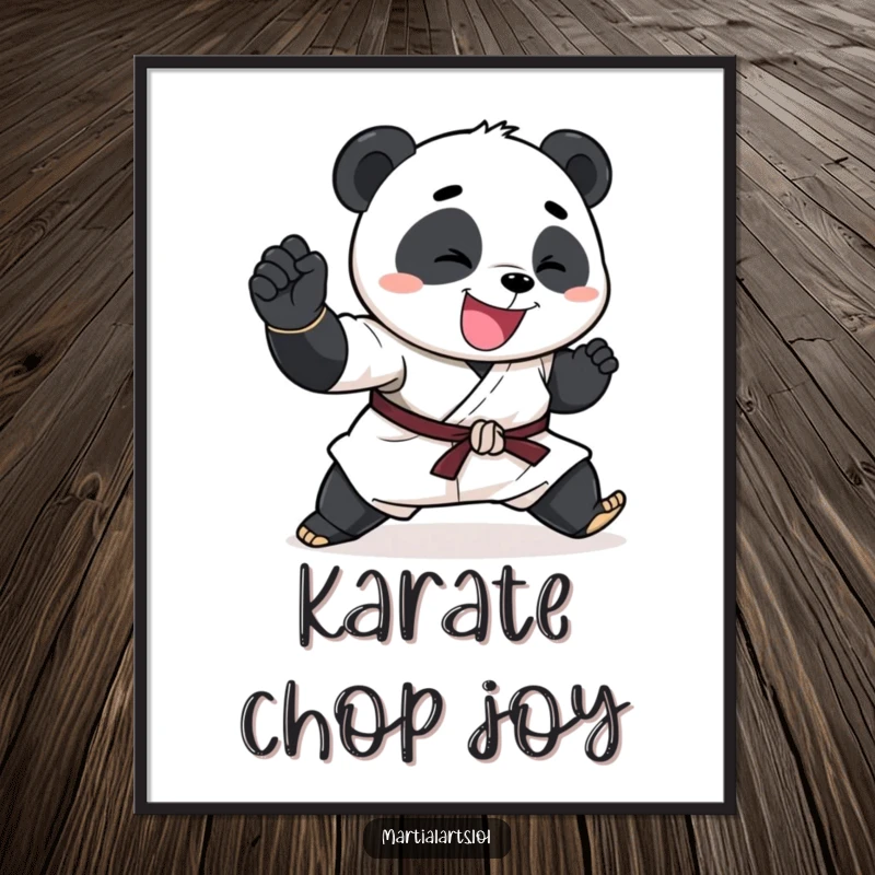 Funny Panda Poster featuring a happy panda performing an exaggerated karate chop, adding humor to any space.
