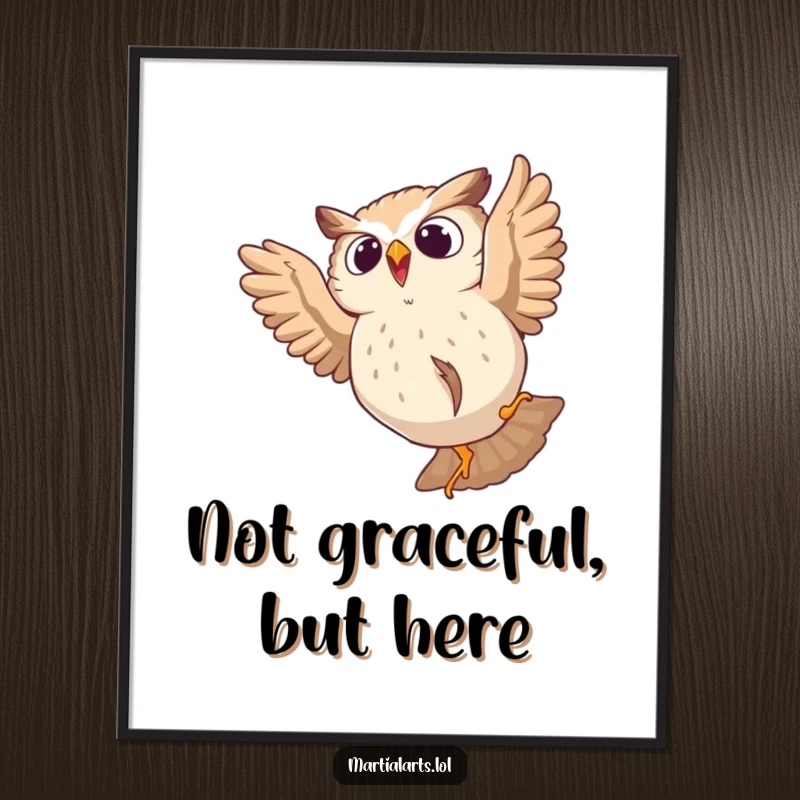 Funny poster of a startled owl tumbling from a leap, creating a humorous and relatable visual for any room.
