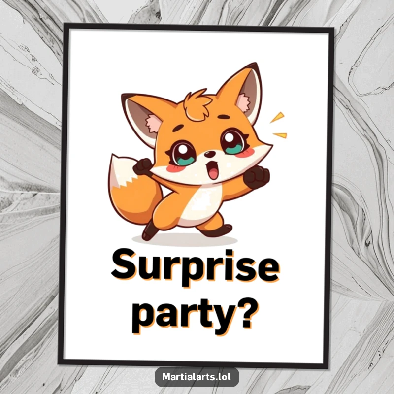 Funny poster of a surprised fox dodging a punch with wide eyes, ideal humorous wall art for reaction lovers.