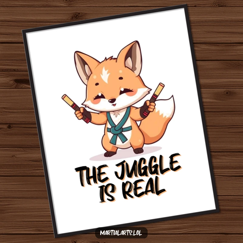 Funny Fox Nunchuck Poster: A curious fox with a mischievous glint, skillfully juggling miniature nunchucks.