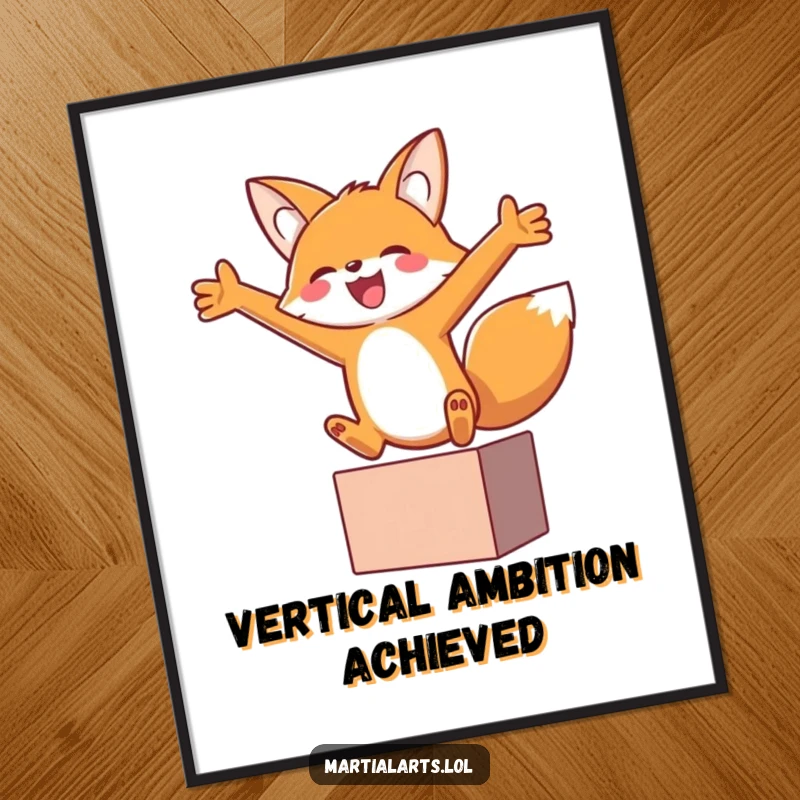 Funny fox gracefully leaping with arms outstretched in a block, captured in a vibrant art print for wall decor.