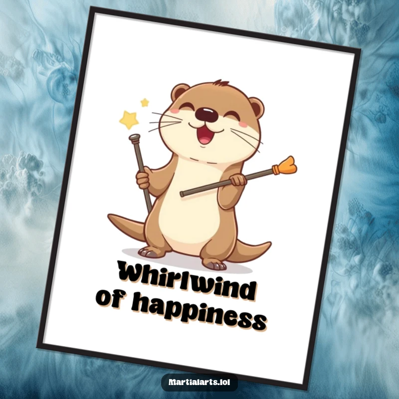 Funny Otter Staff Poster depicting a happy otter spinning a staff with great skill and a cheerful expression.