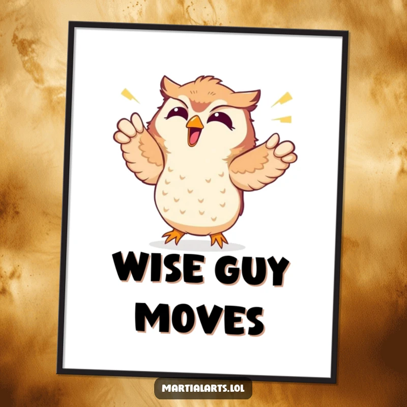 Funny poster depicting a giggling owl throwing exaggerated air punches, embodying comical enthusiasm and fun.