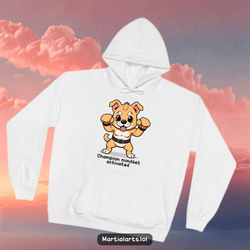 Funny dog hoodie depicting a proud dog in a victorious boxing stance, radiating strength and playful humor.