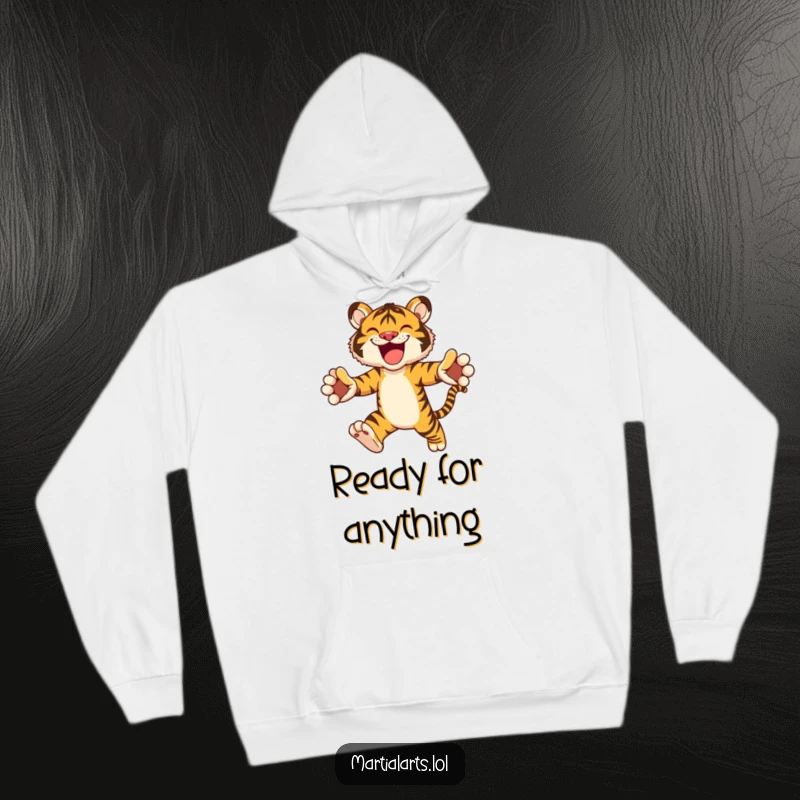 Funny hoodie with a joyful tiger mid-leap, designed for warmth and showcasing playful animal spirit.