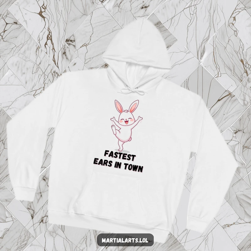 Funny Bunny High Knee Hoodie: A cheerful bunny performing a high knee lift, offering cozy warmth and a dose of lighthearted fitness humor.