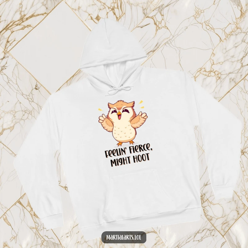 Funny hoodie featuring a gleeful owl mid-air punch, capturing a moment of extreme, comical excitement.