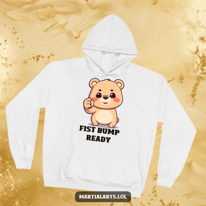 Funny happy bear with a determined gaze, forming a fist, featured on this comfortable hoodie.