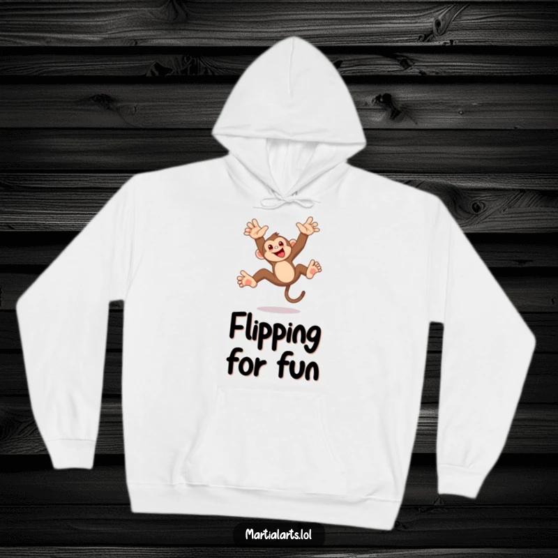 Funny monkey flip hoodie, a mischievous monkey performs a playful acrobatic flip, cozy and warm, bringing jungle fun and humor everywhere.
