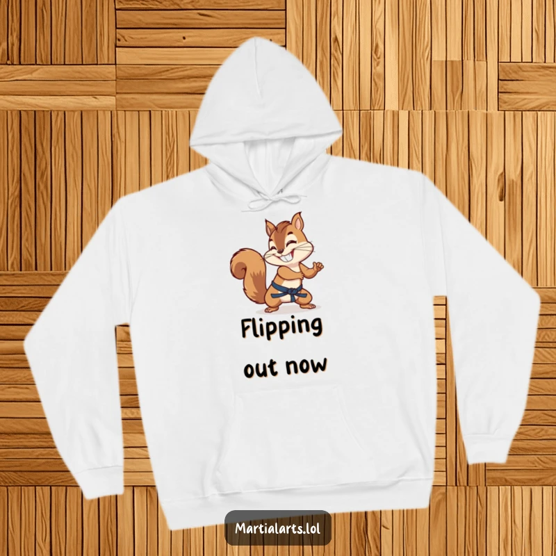 Funny grinning squirrel wielding its tail like a weapon in a martial arts stance, featured on this hoodie.