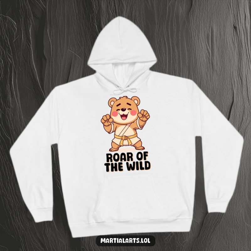 Funny hoodie with a happy bear striking a proud martial arts pose, providing warmth and warrior humor.