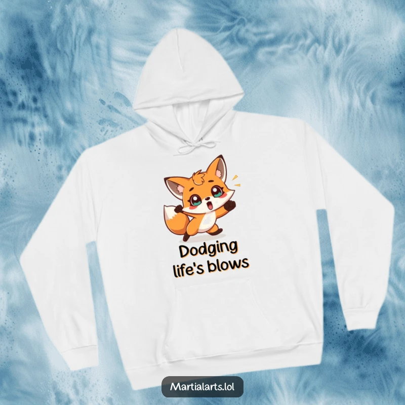 Funny hoodie with a surprised fox dodging a punch, offering warmth and humor for the quick-witted individual.
